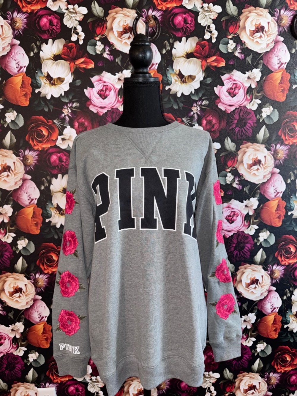 Victoria's Secret PINK Grey with Pink Embroidered Crewneck Sweatshirt, Small - Picture 2 of 5